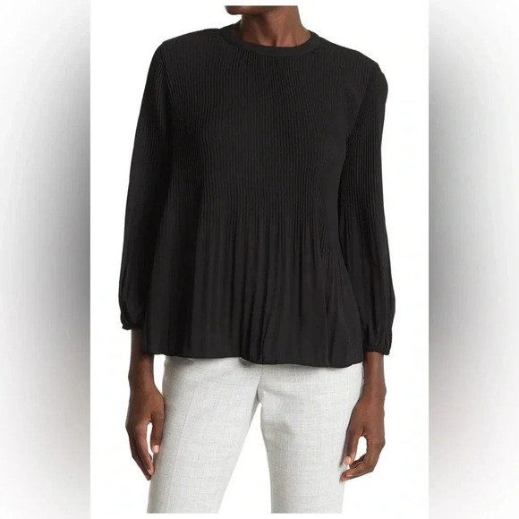 Adrianna Papell Pleated Georgette Crepe Long Sleeve Crew Neck Blouse sz S - Picture 3 of 13